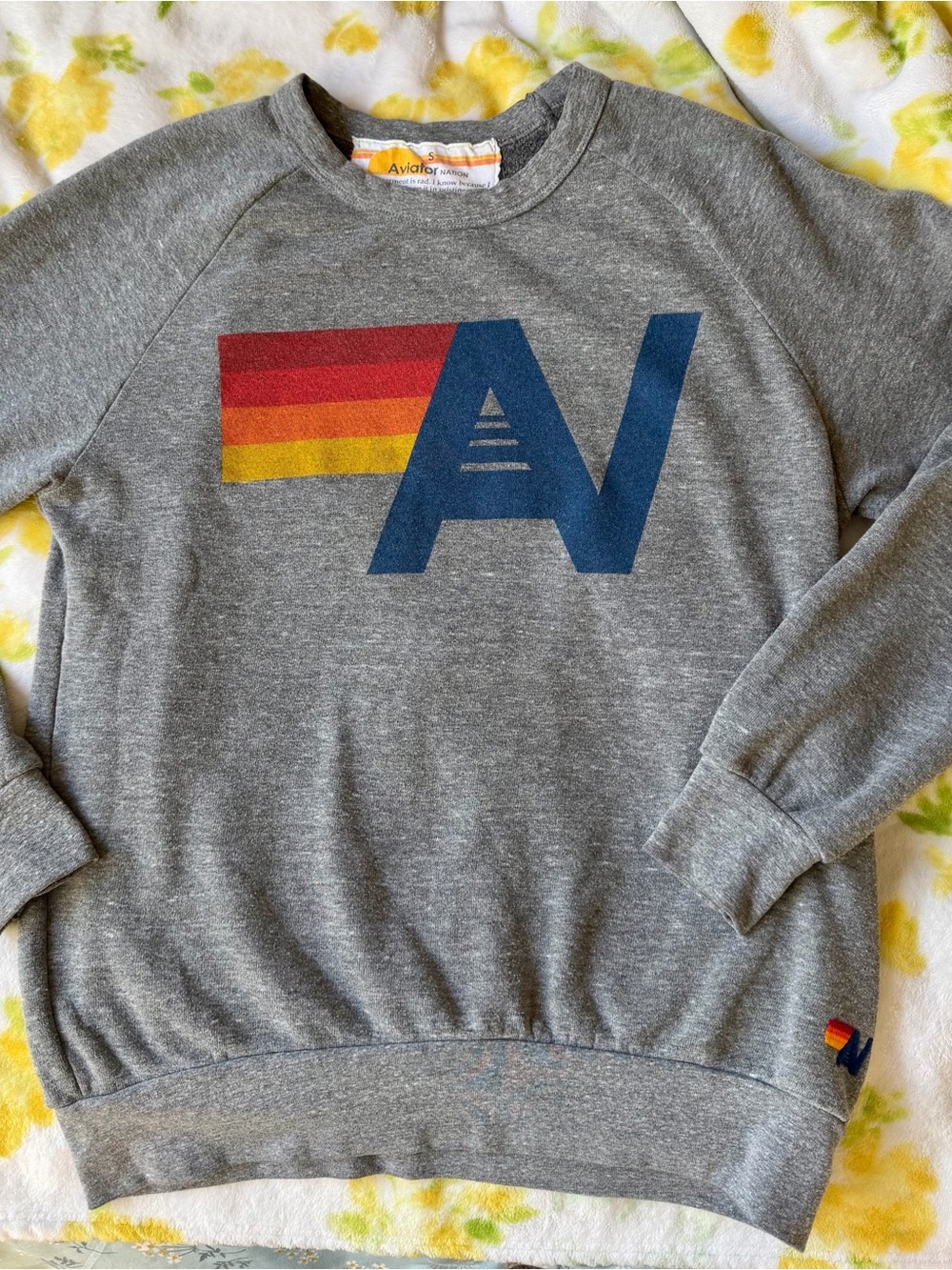 Aviator Nation Heather Gray Crewneck Sweatshirt with Retro Stripe Logo